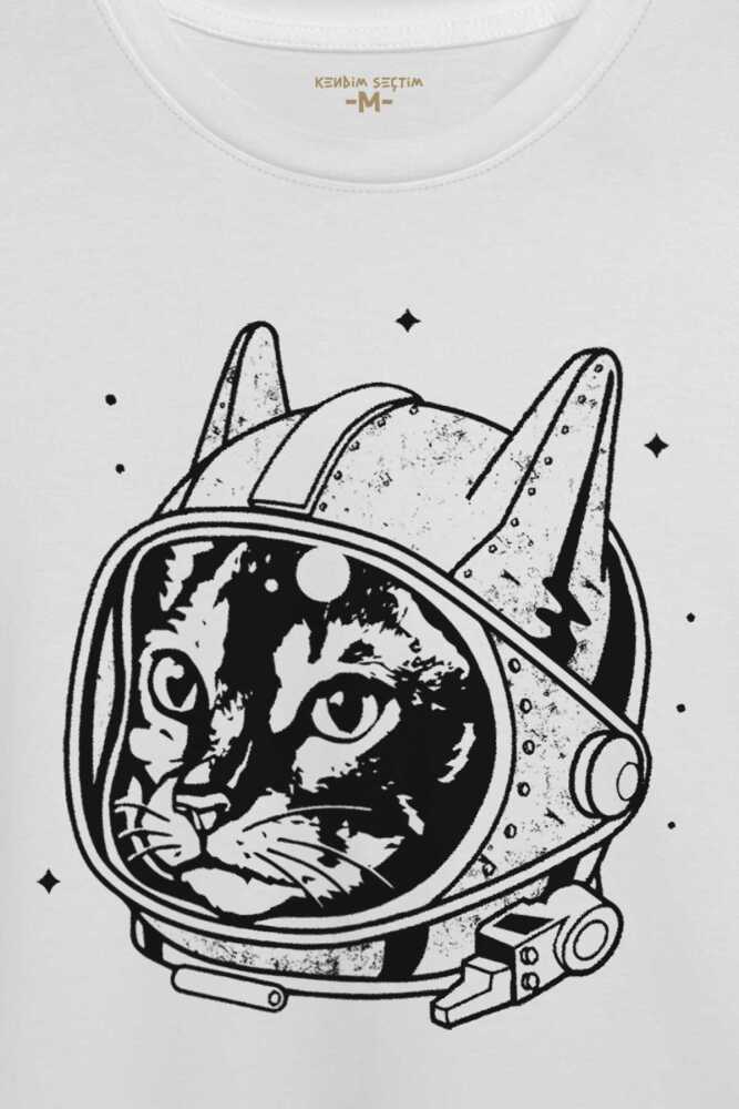 Beyaz Unisex Kedi Kozmonot Meow Astronot Cat NASA Uzay Baskılı T-shirt (1)