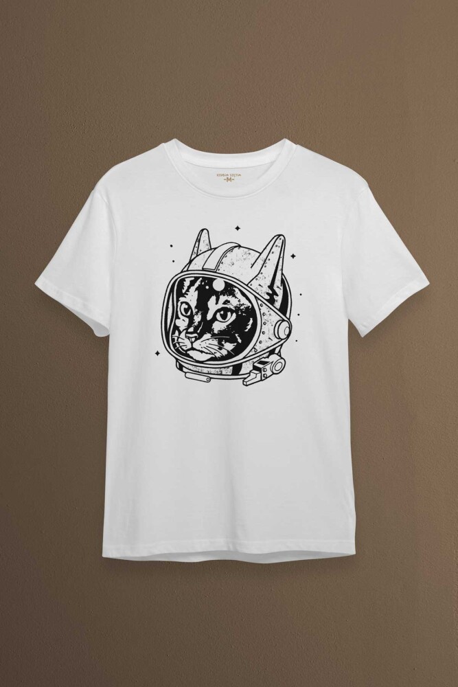 Beyaz Unisex Kedi Kozmonot Meow Astronot Cat NASA Uzay Baskılı T-shirt - 1