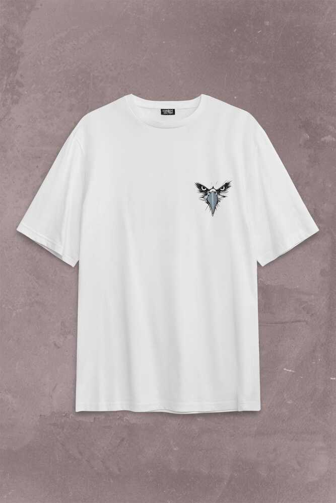 Beyaz Unisex Oversize T-shirt Kargalar Sürüyle Kartallar Yalnız Uçar Sırt Ön Baskılı Tişört - 1