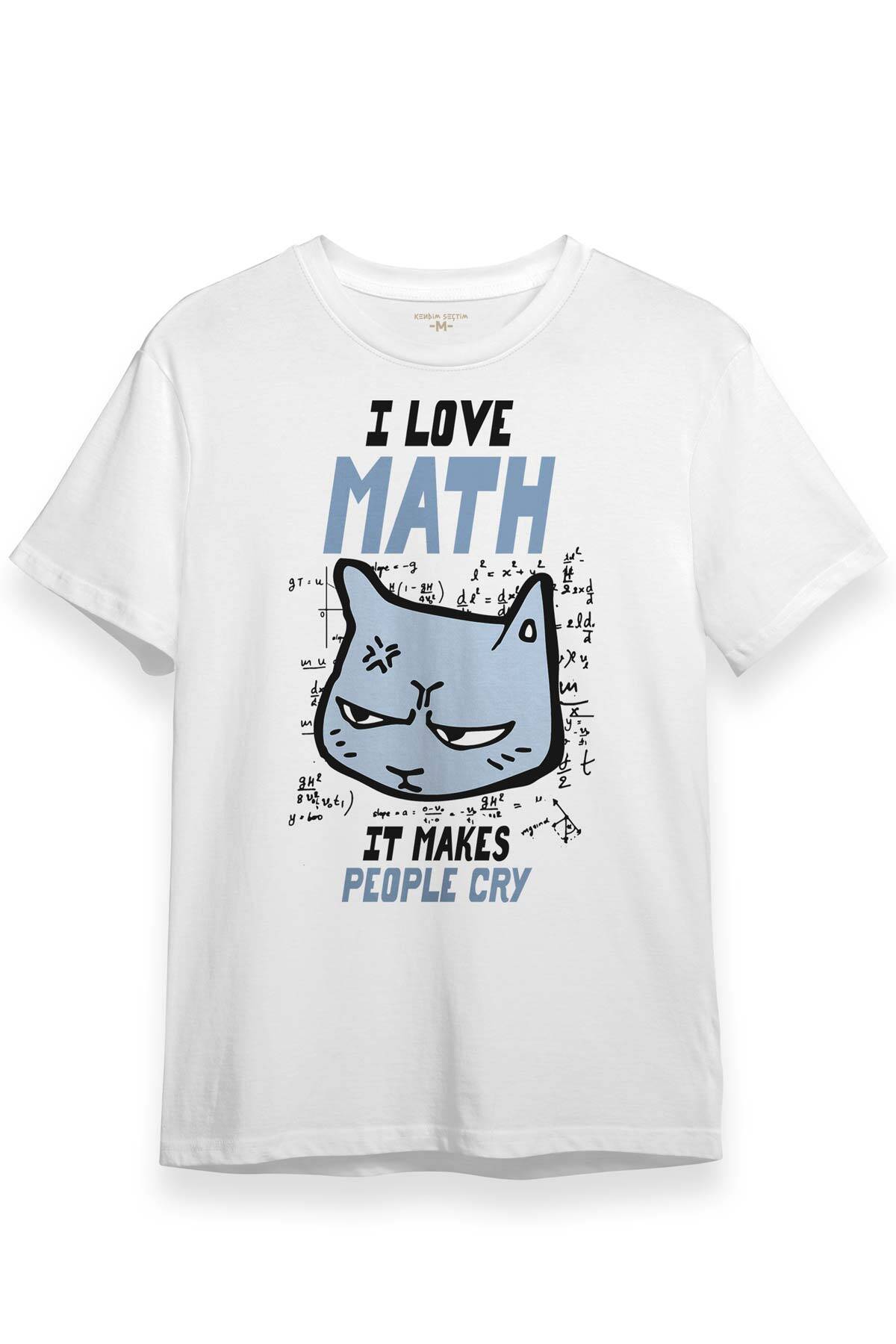 Beyaz Unisex Tişört I Love Math Matematik Formül Kedi Beyaz T-shirt