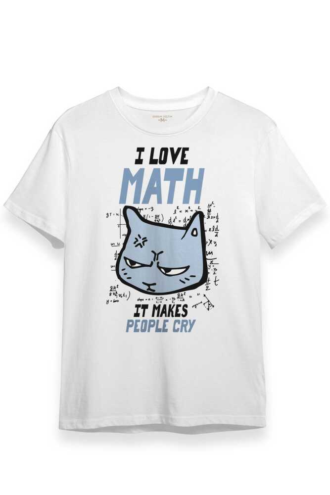 Beyaz Unisex Tişört I Love Math Matematik Formül Kedi Beyaz T-shirt
