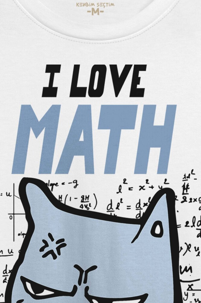 Beyaz Unisex Tişört I Love Math Matematik Formül Kedi Beyaz T-shirt - 2
