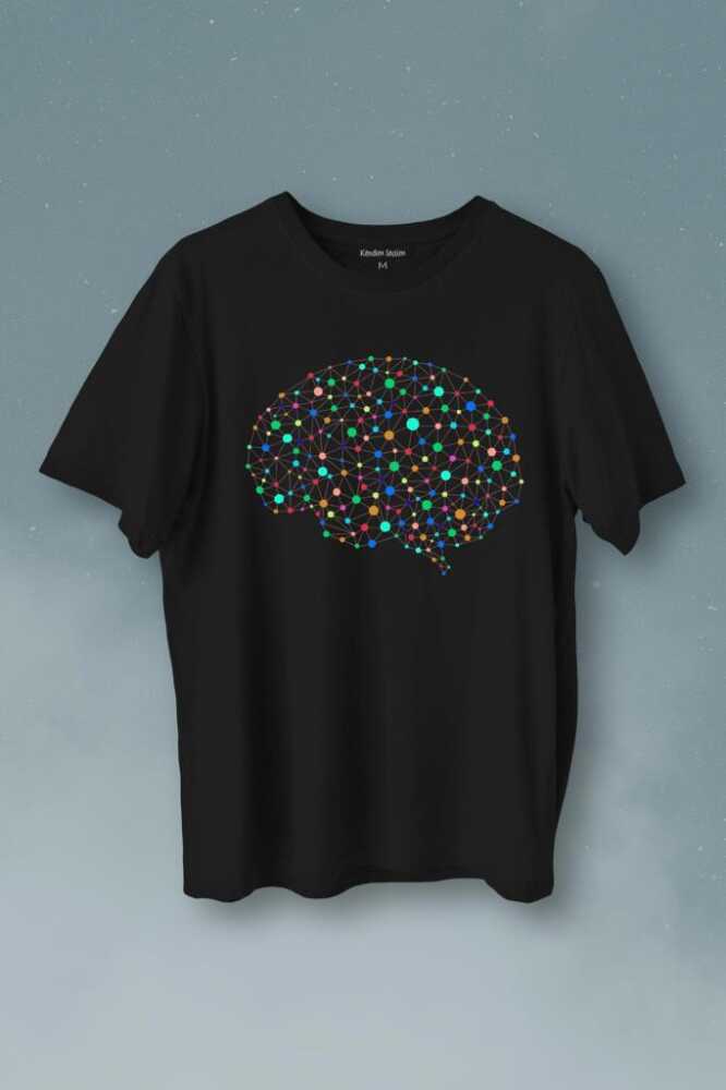 Beyin Silüet Sinir Ağı Yapay Zeka Baskılı Tişört Unisex T-Shirt - 1