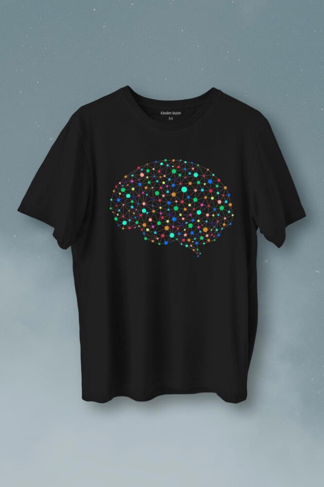 Beyin Silüet Sinir Ağı Yapay Zeka Baskılı Tişört Unisex T-Shirt - 1