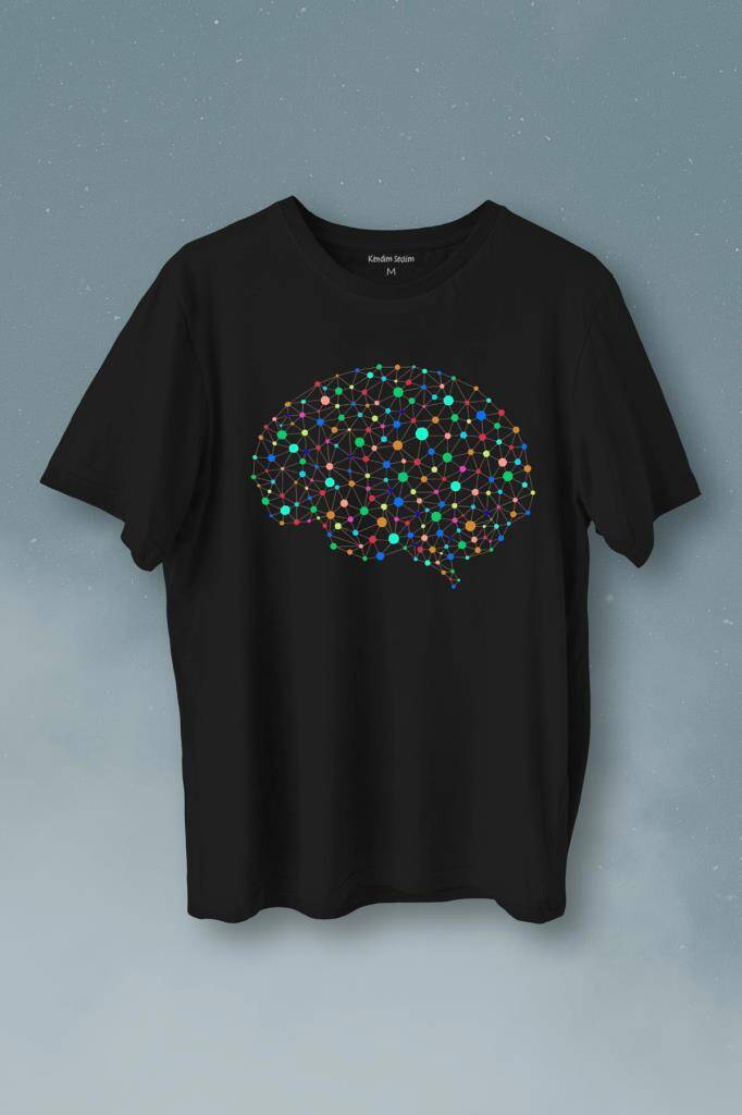Beyin Silüet Sinir Ağı Yapay Zeka Baskılı Tişört Unisex T-Shirt - 1