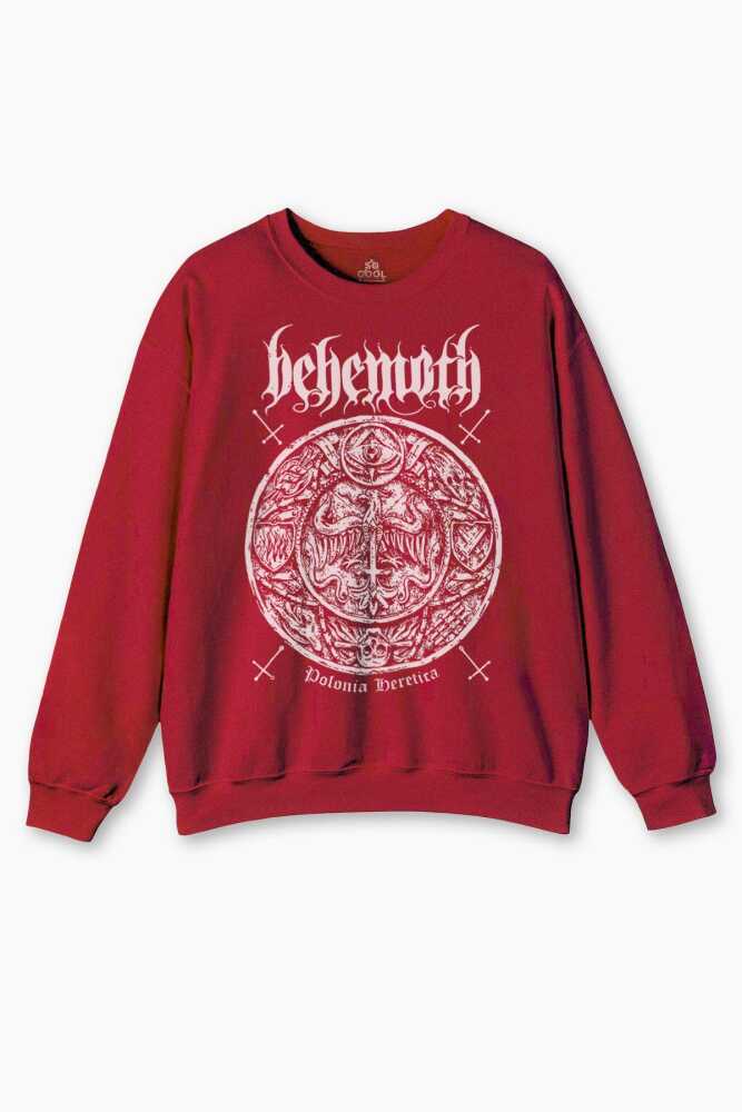 Bisiklet Yaka Sweatshirt Behemoth Metal Rock Kuru Kafa Skull Baskılı Kırmızı Sweat - 1