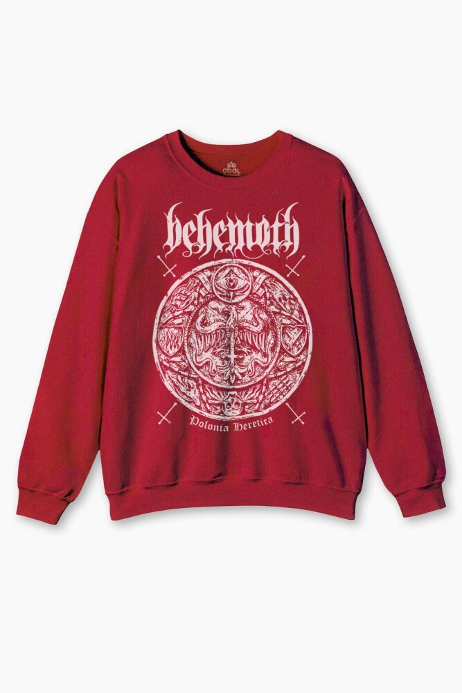 Bisiklet Yaka Sweatshirt Behemoth Metal Rock Kuru Kafa Skull Baskılı Kırmızı Sweat - 1
