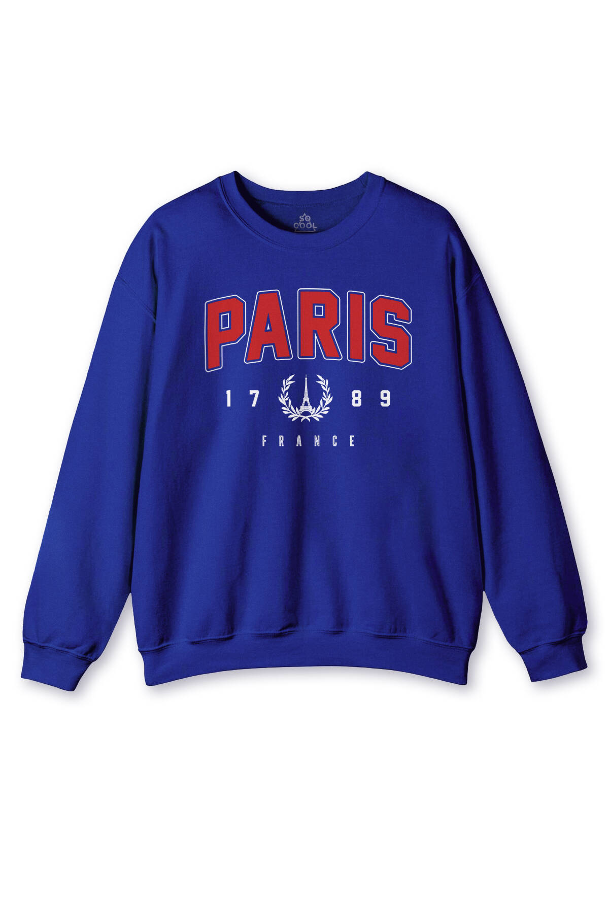 Bisiklet Yaka Sweatshirt France Paris Fransa Baskılı Mavi Sweat Yumuşak Sweat