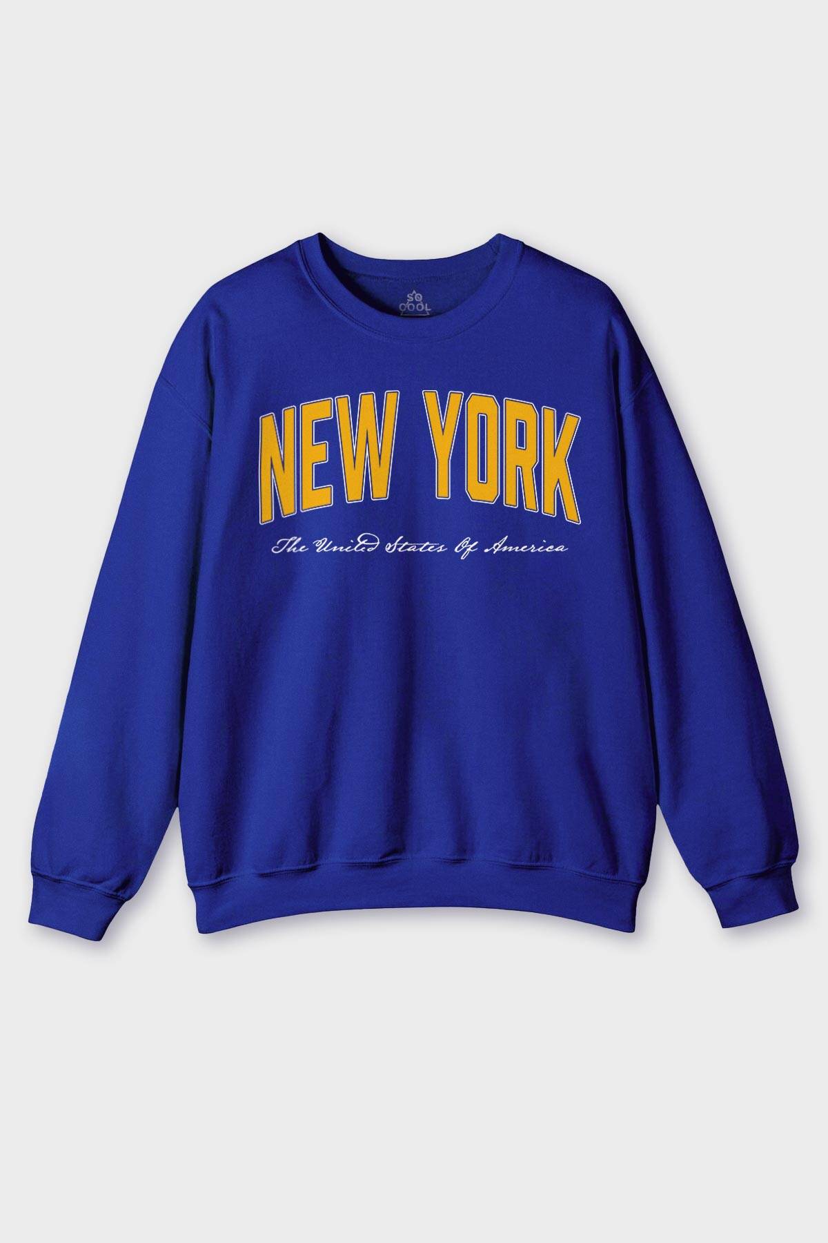 Bisiklet Yaka Sweatshirt New York Yazılı America Şehir Baskılı Mavi Sweat - 1