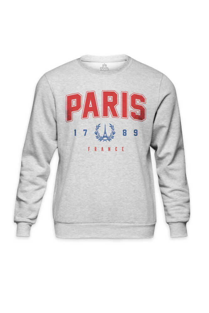 Bisiklet Yaka Sweatshirt Paris France 1789 Fransa Yazı Baskılı Gri Sweet - 1