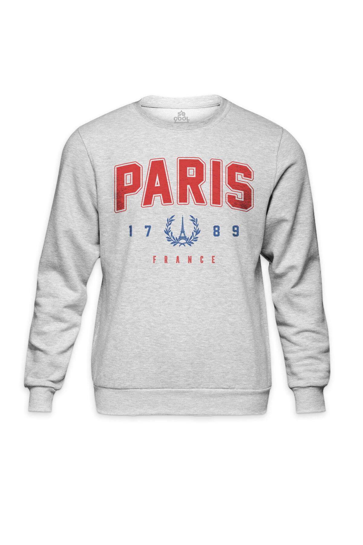 Bisiklet Yaka Sweatshirt Paris France 1789 Fransa Yazı Baskılı Gri Sweet