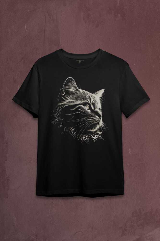Bıyıklı Kedi Minimal Çizim 3D Efektli Realist Sepya Siyah Baskılı Tişört Unisex T-shirt - 1
