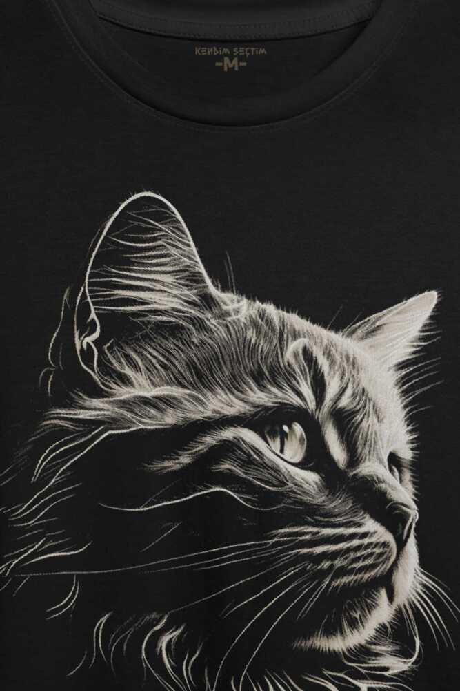Bıyıklı Kedi Minimal Çizim 3D Efektli Realist Sepya Siyah Baskılı Tişört Unisex T-shirt - 2