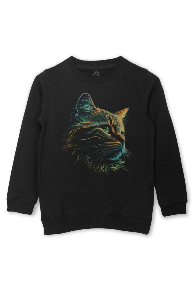 Bıyıklı Kedi Minimal Çizim 3D Efektli Realist Siyah Baskılı Çocuk Sweatshirt Siyah Sweat - So Cool