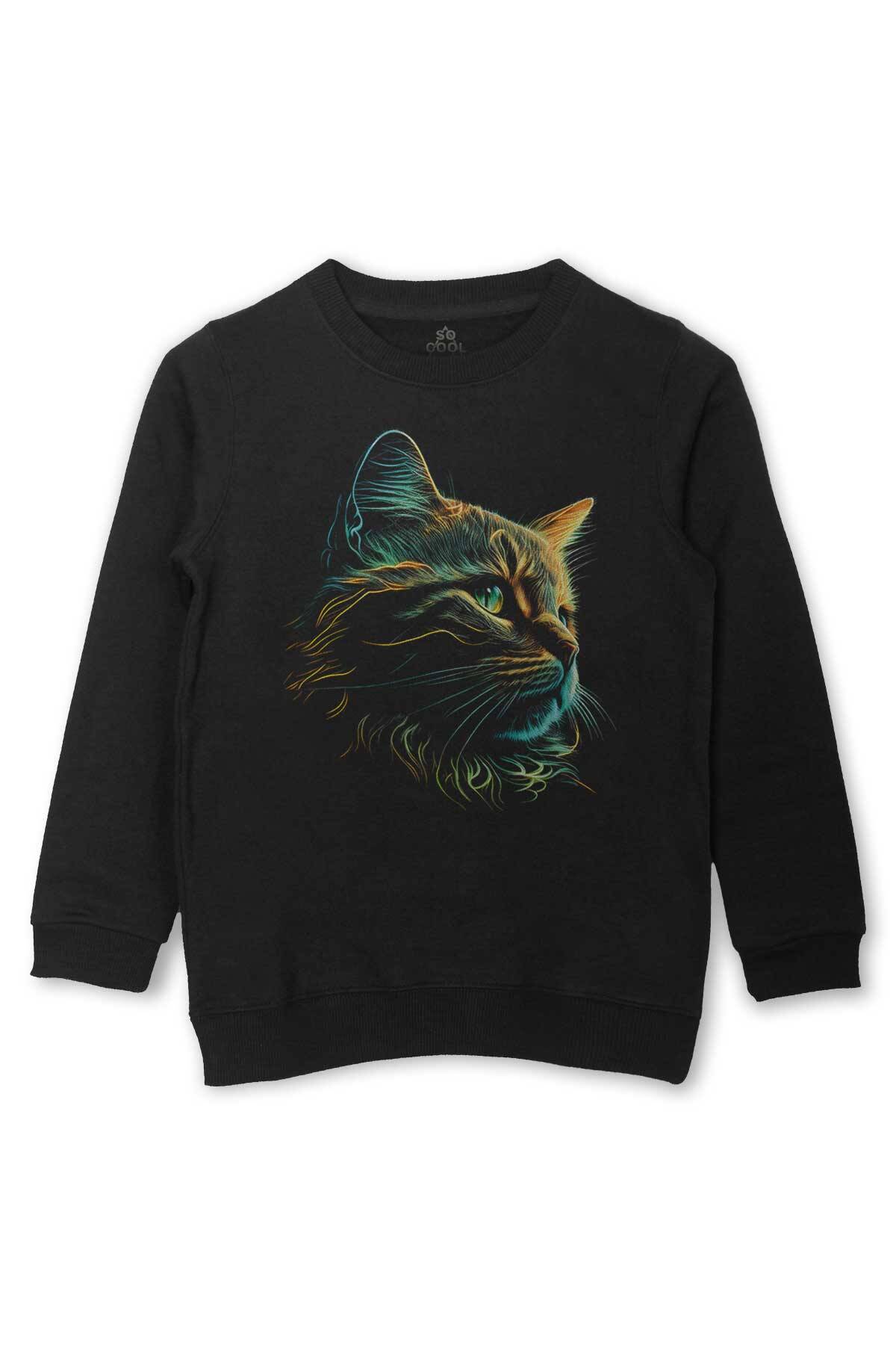 Bıyıklı Kedi Minimal Çizim 3D Efektli Realist Siyah Baskılı Çocuk Sweatshirt Siyah Sweat - 1