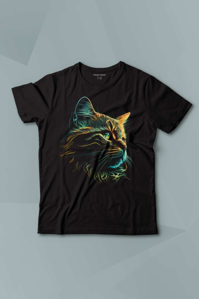 Bıyıklı Kedi Minimal Çizim 3D Efektli Realist Siyah Baskılı Çocuk Tişört Kısa Kollu - KENDİM SEÇTİM