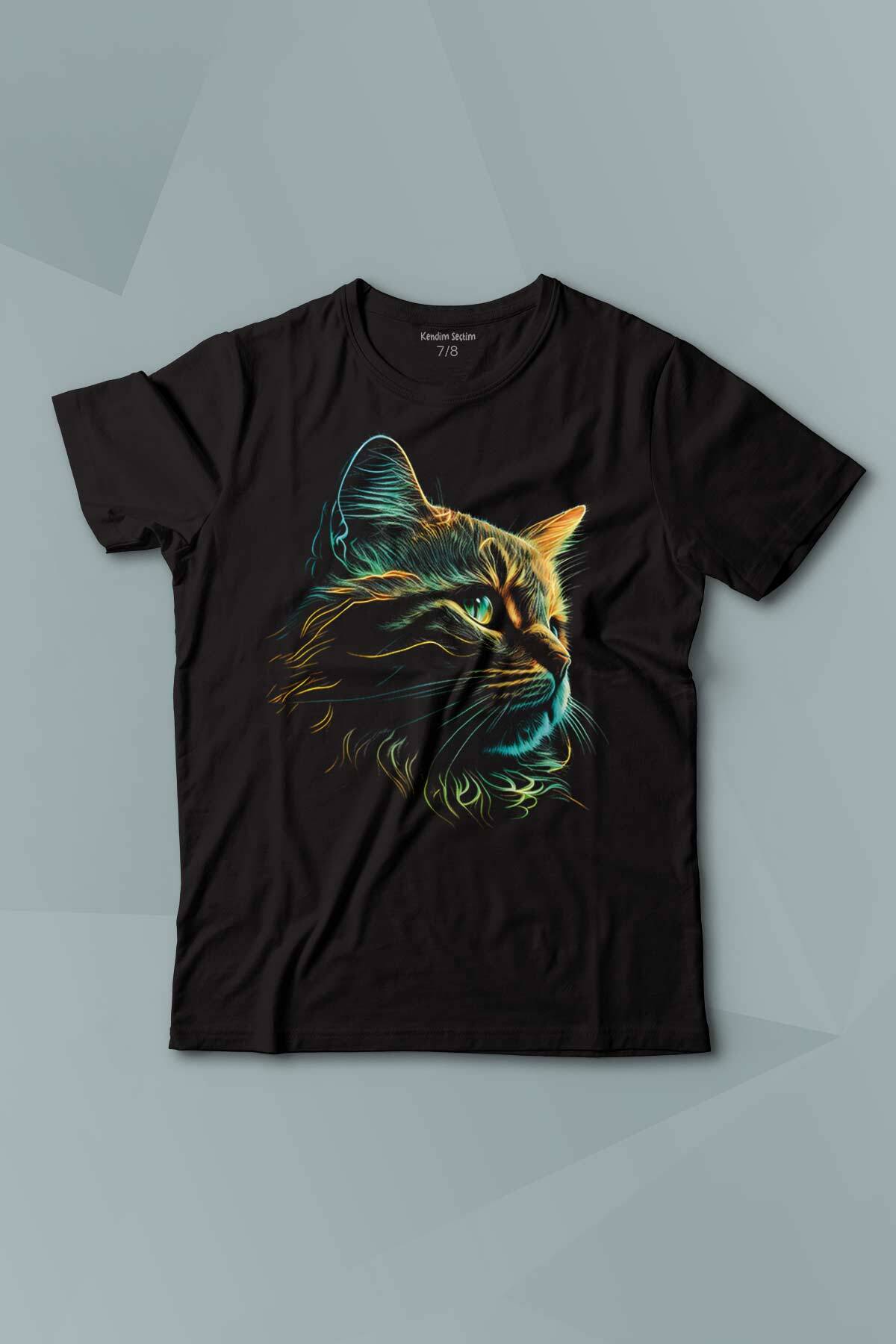Bıyıklı Kedi Minimal Çizim 3D Efektli Realist Siyah Baskılı Çocuk Tişört Kısa Kollu - 1