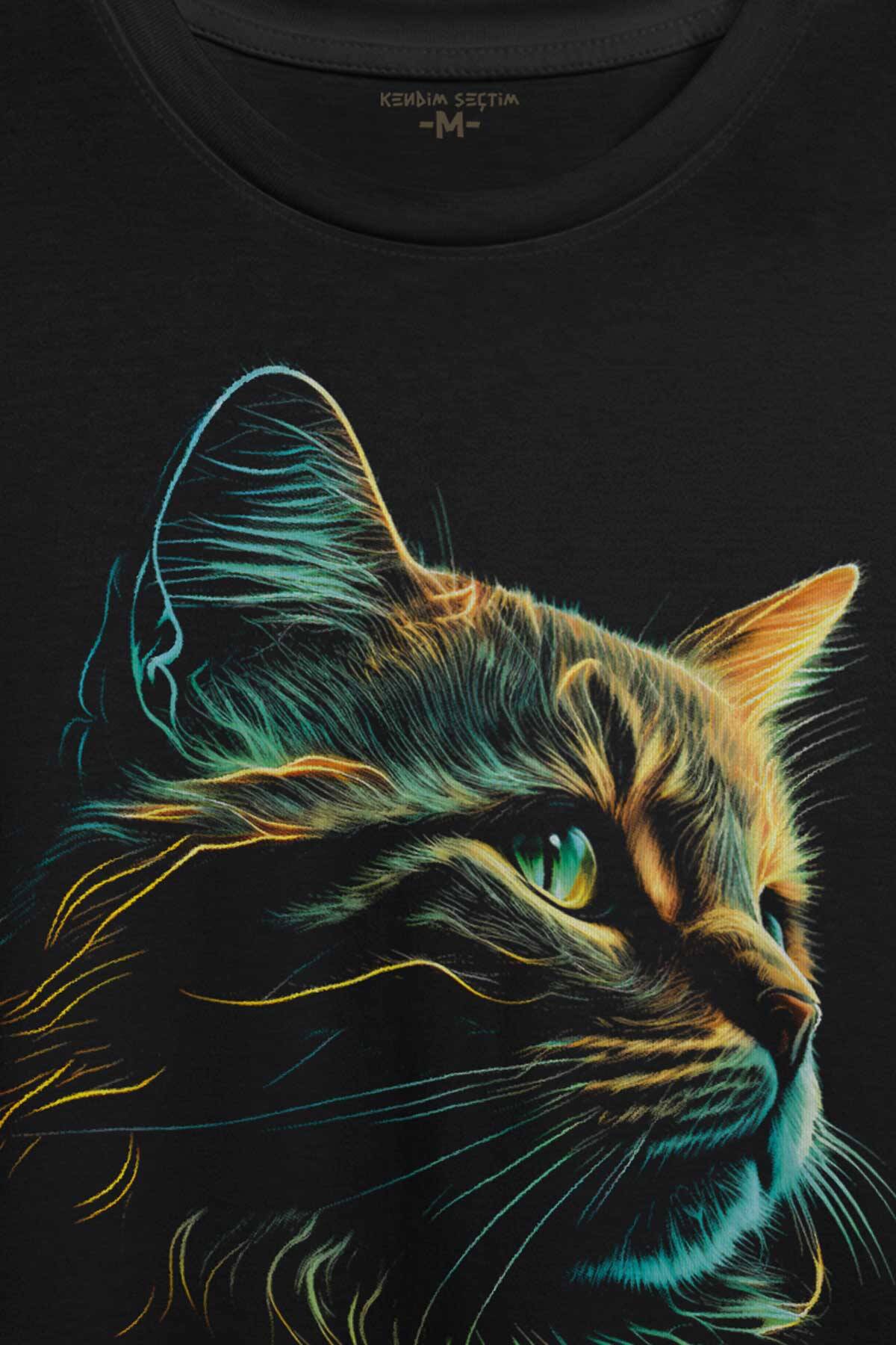 Bıyıklı Kedi Minimal Çizim 3D Efektli Realist Siyah Baskılı Tişört Unisex T-shirt - 2