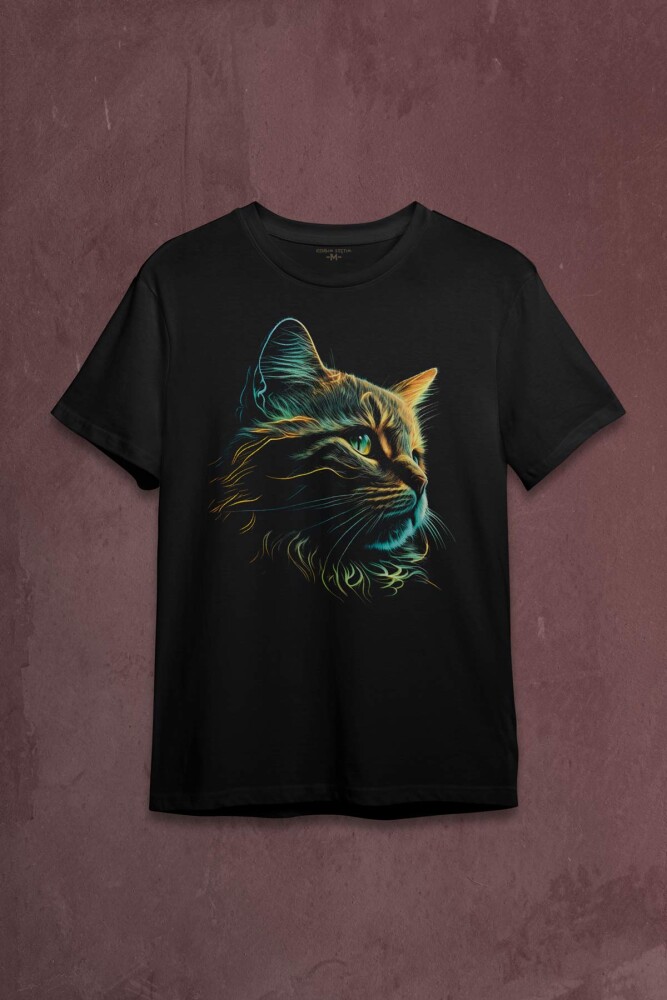 Bıyıklı Kedi Minimal Çizim 3D Efektli Realist Siyah Baskılı Tişört Unisex T-shirt - KENDİM SEÇTİM