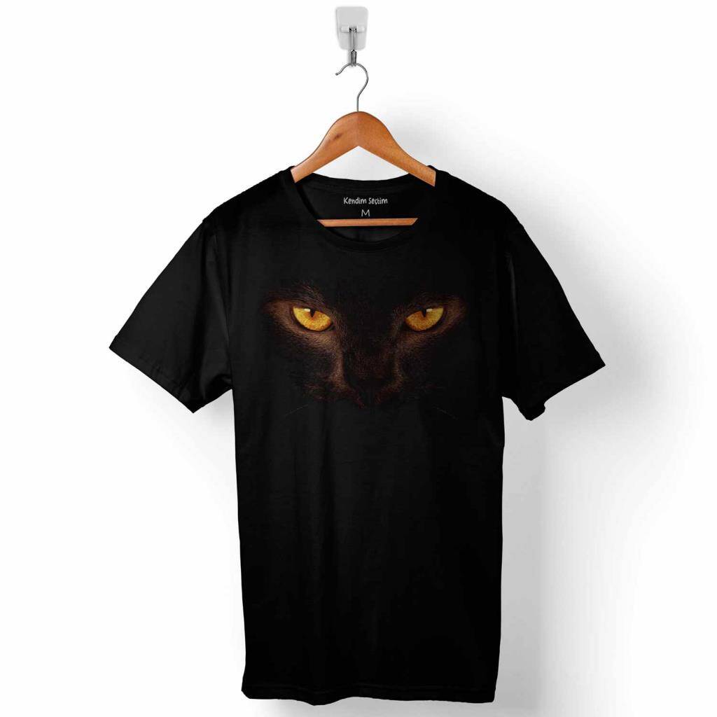 Black Cat Eye Kedi Göz Baskılı Tişört Unisex T-Shirt - 1