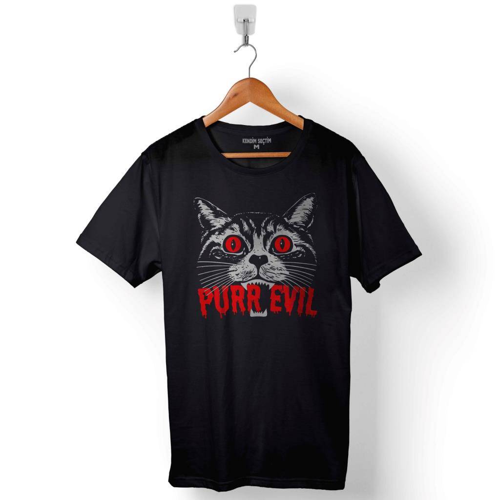 Black Cat Purr Evıl Kara Kedi Baskılı Tişört Unisex T-Shirt - 1