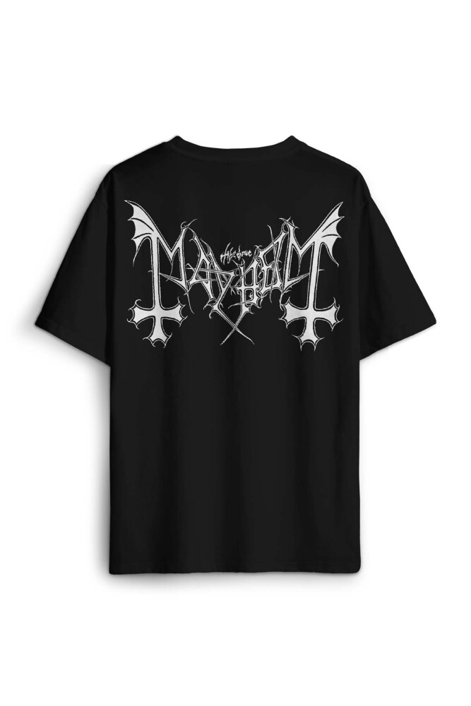 Black Metal Mayhem Music Rock Pamuklu Baskılı Oversize T-shirt Siyah Unisex Tişört - 1