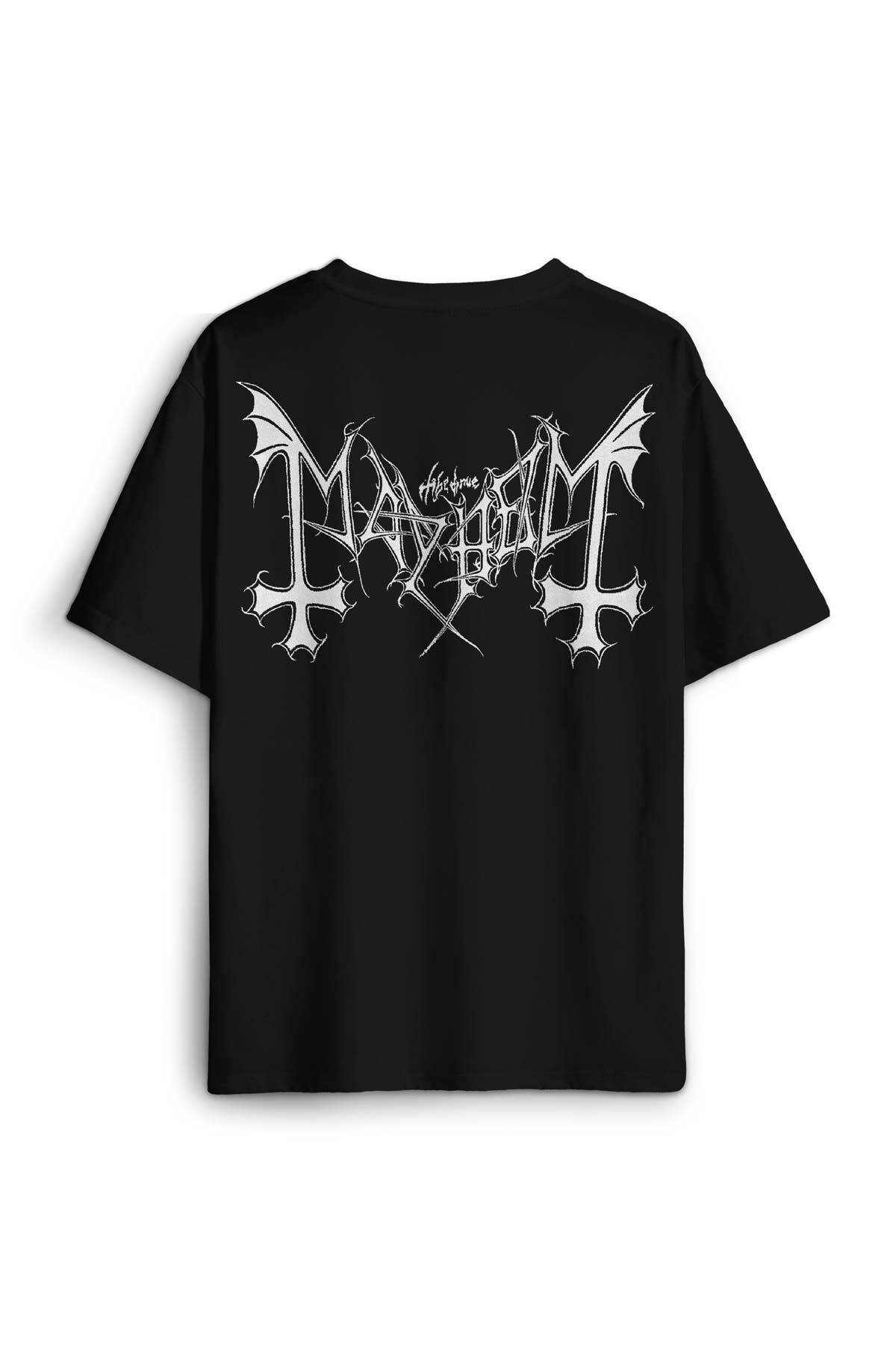 Black Metal Mayhem Music Rock Pamuklu Baskılı Oversize T-shirt Siyah Unisex Tişört - 1