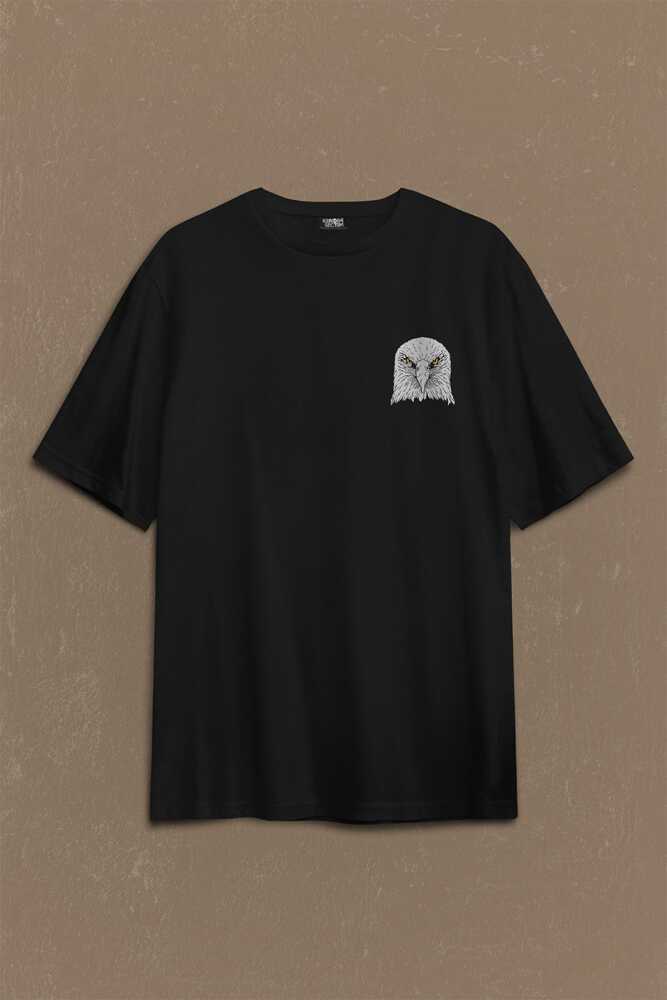 Black Oversize T-shirt Kara Kartal Eagle Tasarım Sırt Ön Baskılı Tişört Unisex T-Shirt - 1