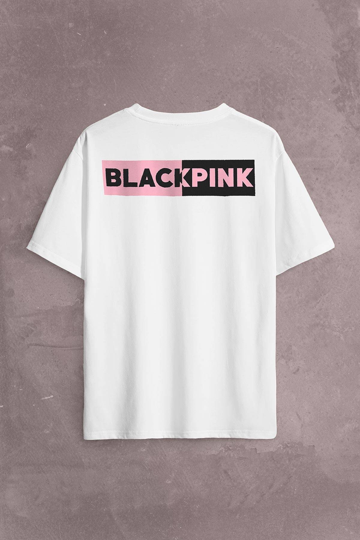 Black Pink BlackPink Logo Sırt Ön Baskılı Oversize Tişört Unisex T-Shirt - 2