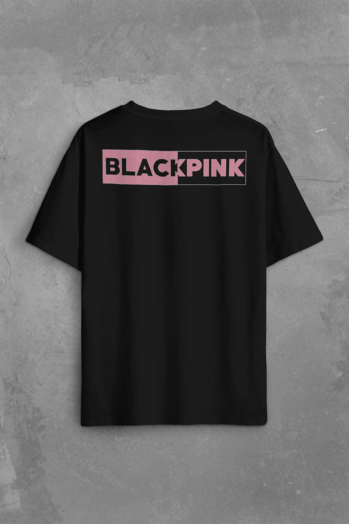Black Pink BlackPink Logo Sırt Ön Baskılı Oversize Tişört Unisex T-Shirt - 2