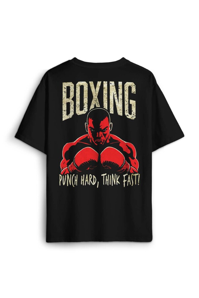 Boks Boxing Punch Hard Think Fast Spor Fight Baskılı Oversize T-shirt Siyah Unisex Tişört - KENDİM SEÇTİM