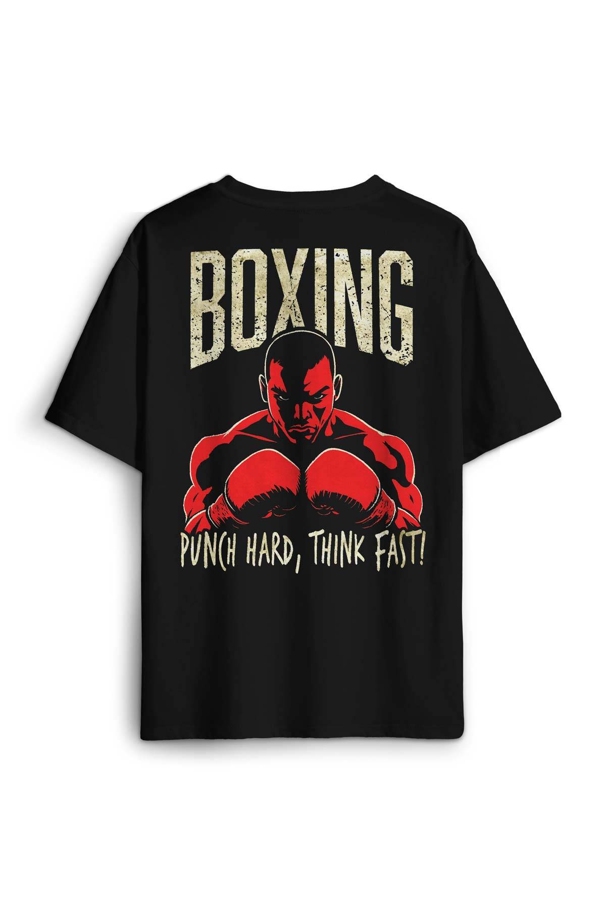 Boks Boxing Punch Hard Think Fast Spor Fight Baskılı Oversize T-shirt Siyah Unisex Tişört - 1