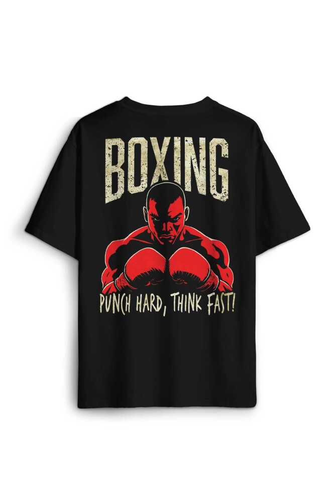 Boks Boxing Punch Hard Think Fast Spor Fight Baskılı Oversize T-shirt Siyah Unisex Tişört
