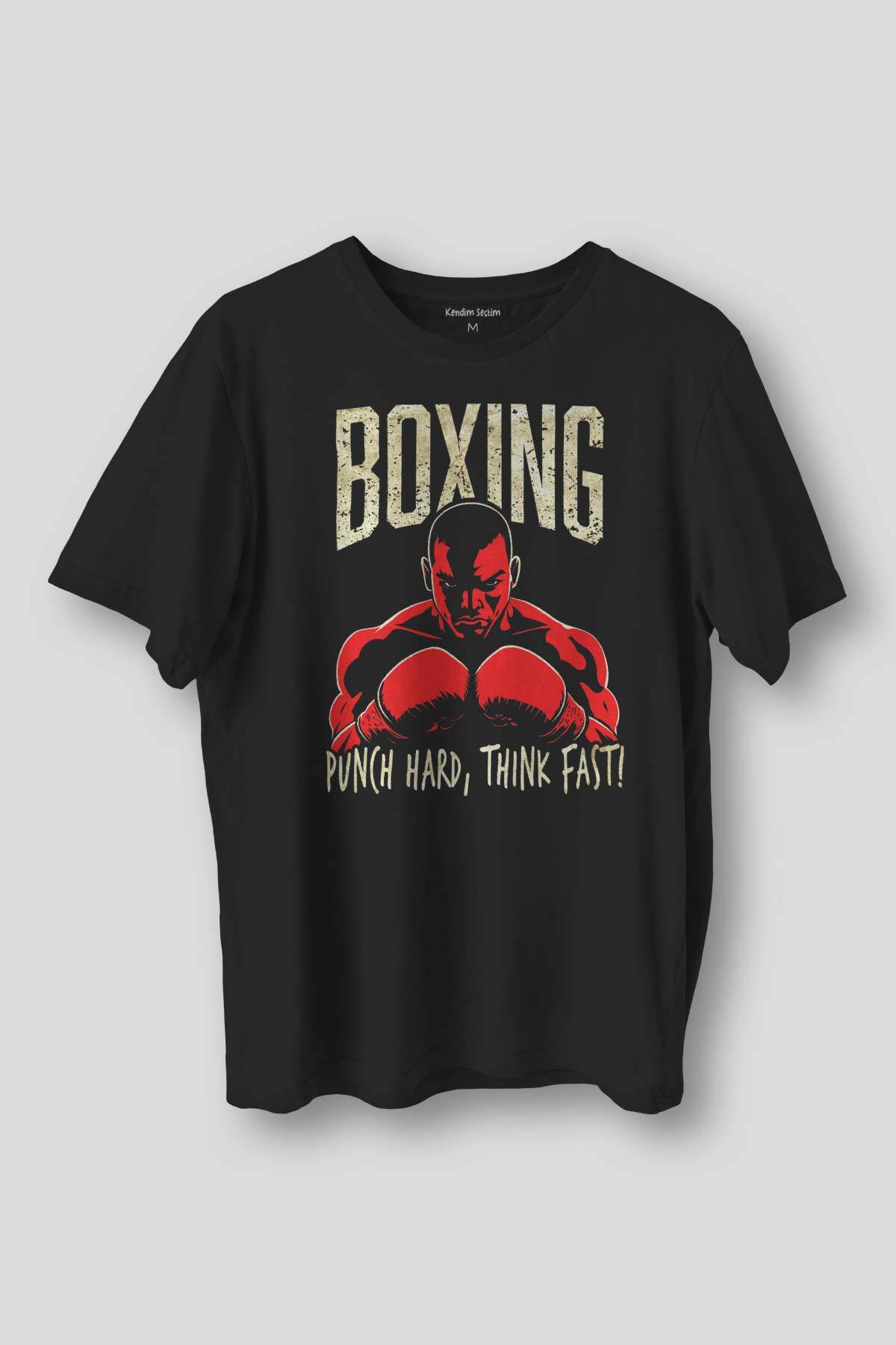 Boks Boxing Punch Hard Think Fast Spor Fight  Baskılı Tişört Unisex Siyah T-shirt
