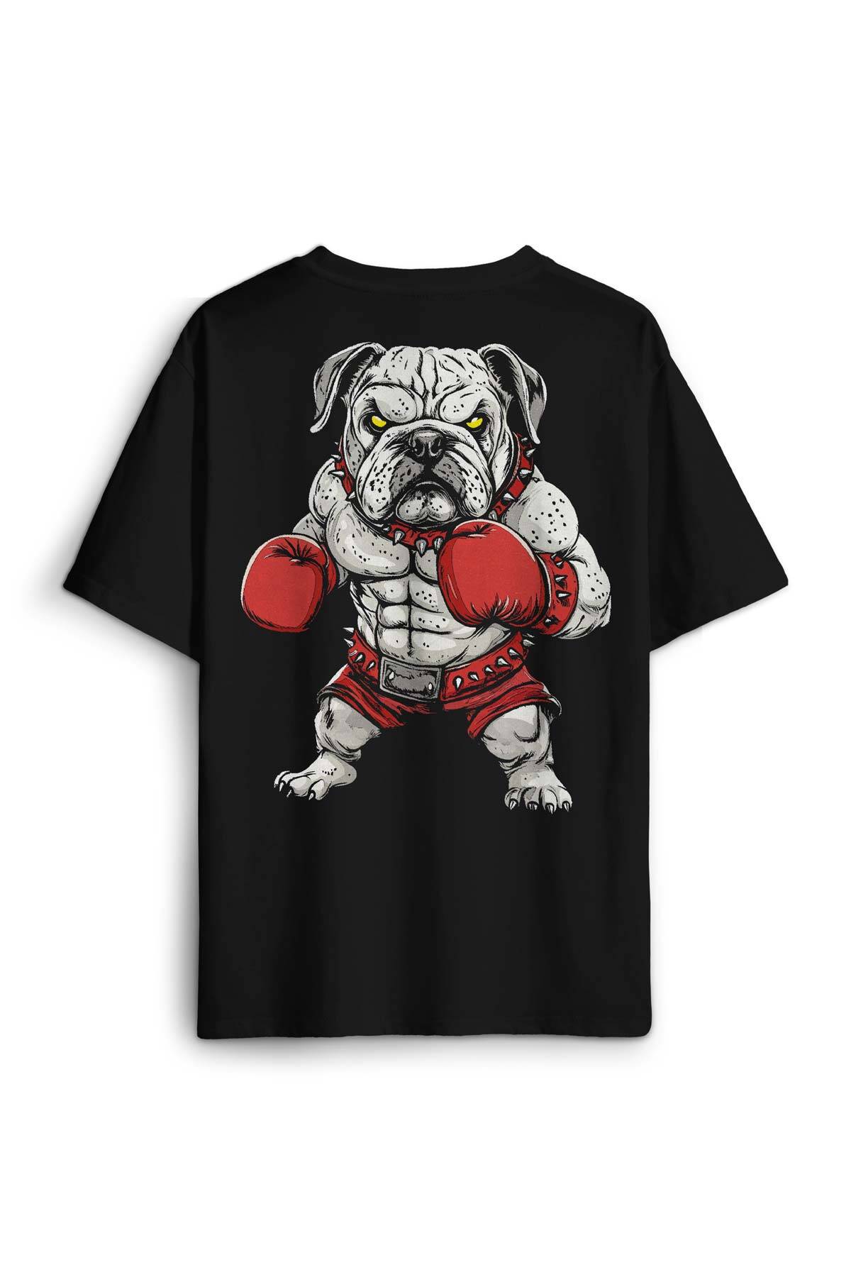Boks Eldivenli Bulldog Boxing Köpek Fight Spor Gym Baskılı Oversize T-shirt Siyah Unisex Tişört - 1