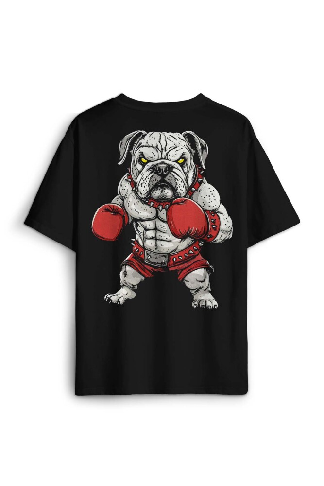Boks Eldivenli Bulldog Boxing Köpek Fight Spor Gym Baskılı Oversize T-shirt Siyah Unisex Tişört