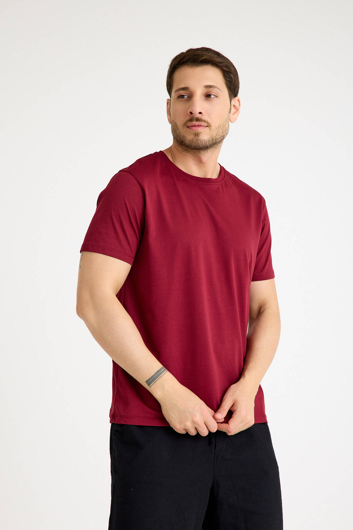 Bordo Tişört Basic Erkek Regular Loose Fit Pamuklu T-shirt Kısa Kollu - 5