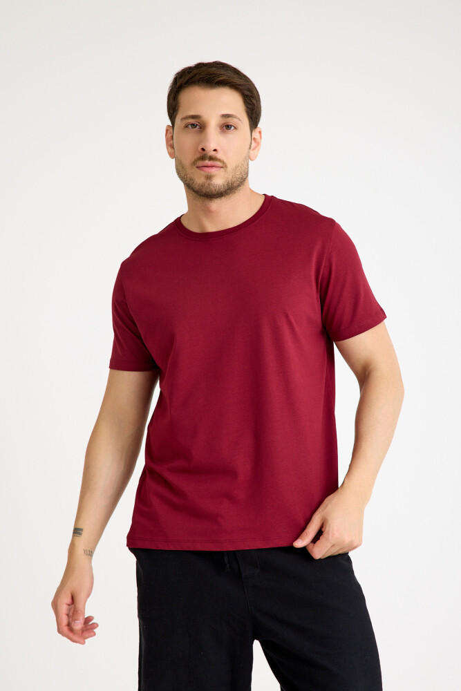 Bordo Tişört Basic Erkek Regular Loose Fit Pamuklu T-shirt Kısa Kollu - 6