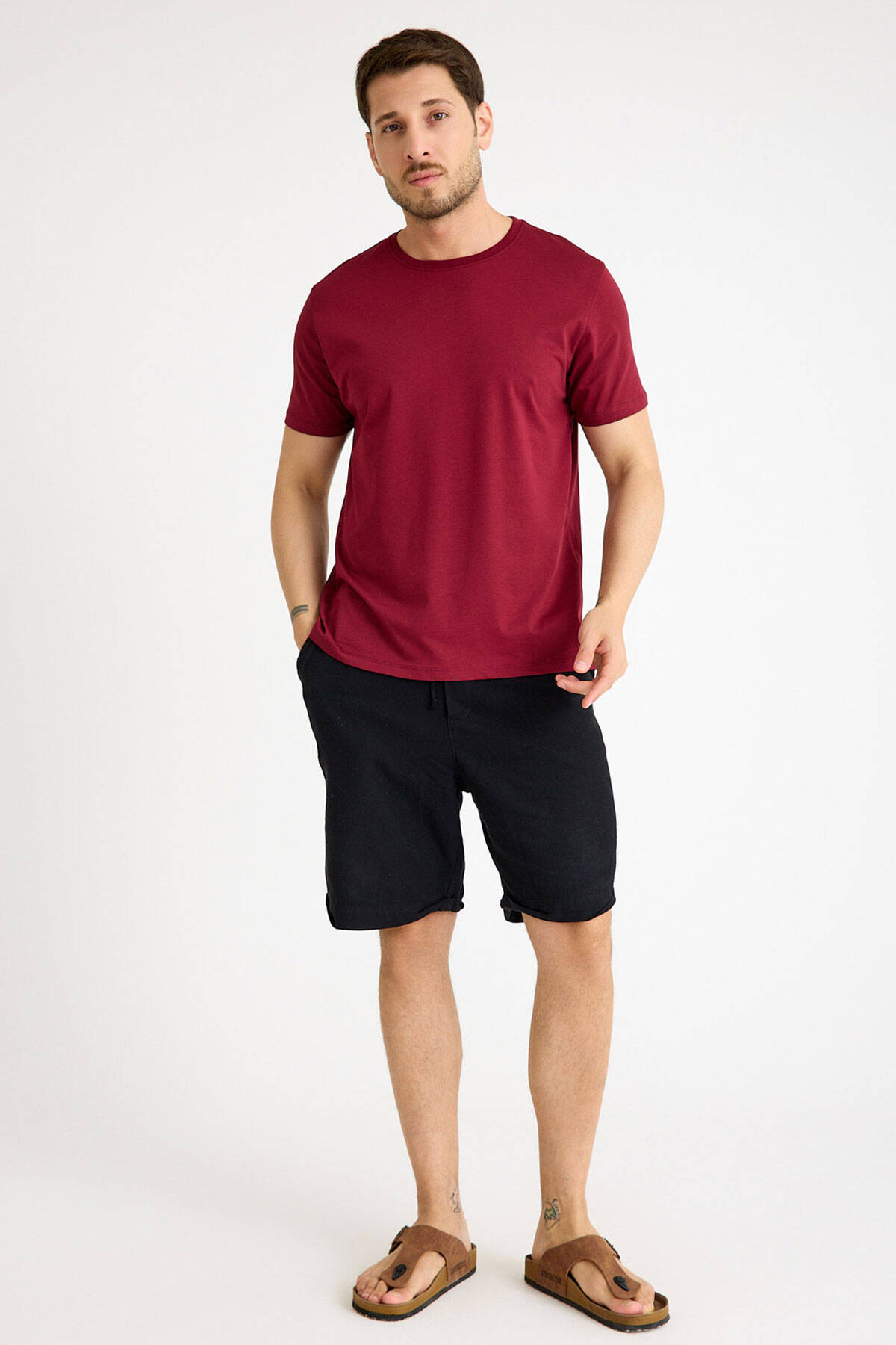 Bordo Tişört Basic Erkek Regular Loose Fit Pamuklu T-shirt Kısa Kollu - 3