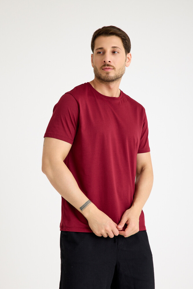 Bordo Tişört Basic Erkek Regular Loose Fit Pamuklu T-shirt Kısa Kollu - 5