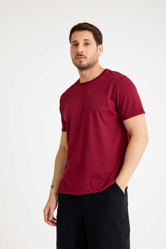 Bordo Tişört Basic Erkek Regular Loose Fit Pamuklu T-shirt Kısa Kollu
