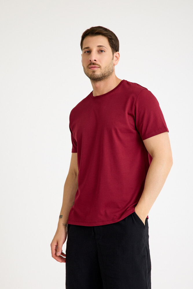 Bordo Tişört Basic Erkek Regular Loose Fit Pamuklu T-shirt Kısa Kollu - 1