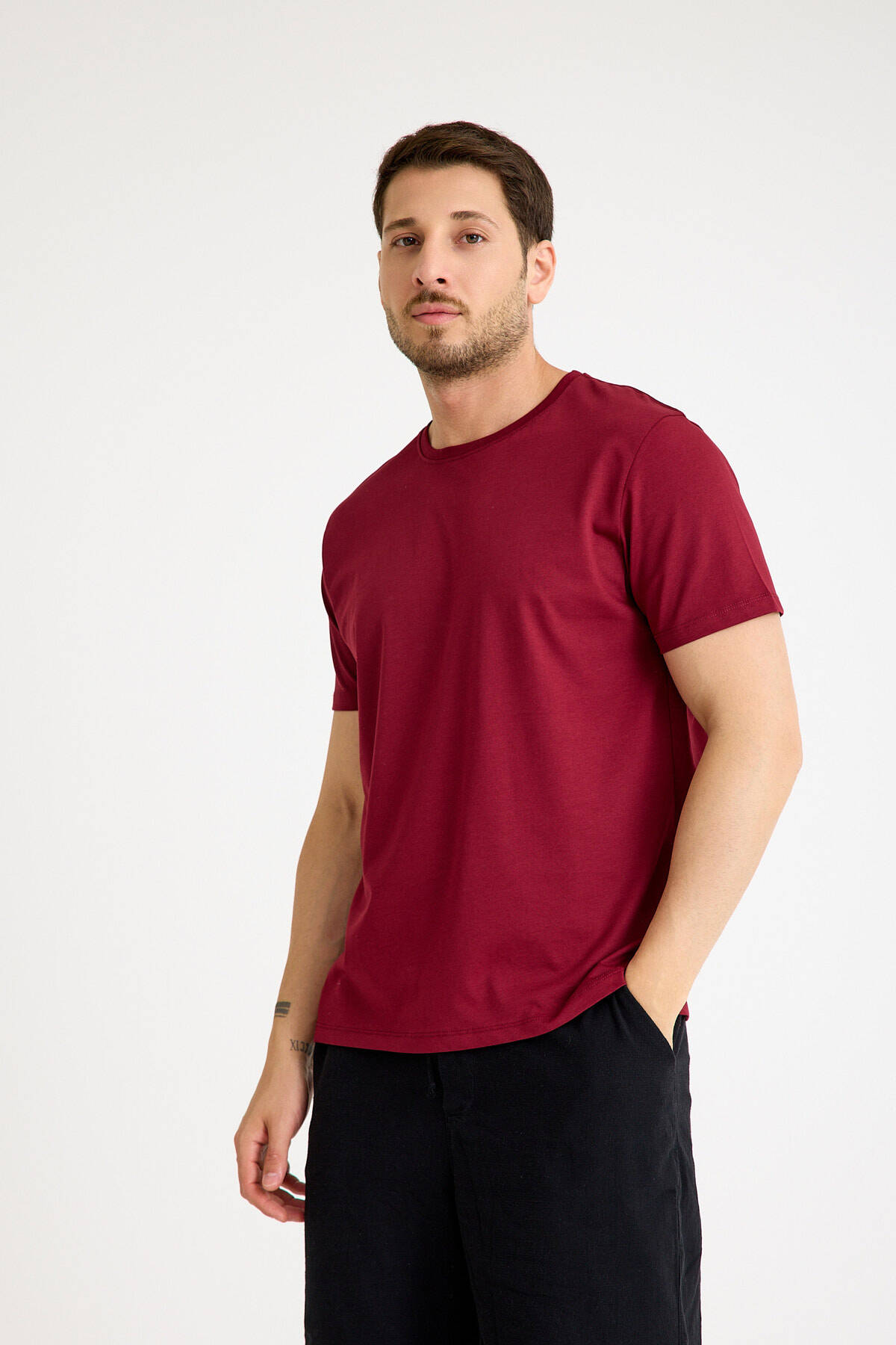 Bordo Tişört Basic Erkek Regular Loose Fit Pamuklu T-shirt Kısa Kollu - 1