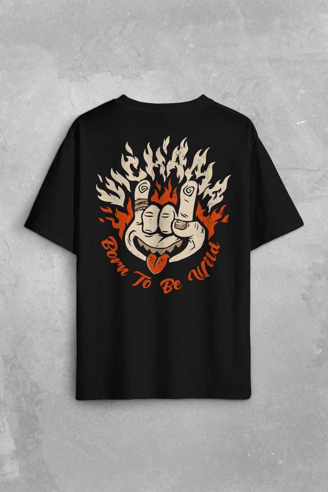 Born To Be Wild Rock And Roll Music Müzik Sırt Ön Baskılı Oversize Tişört Unisex T-Shirt
