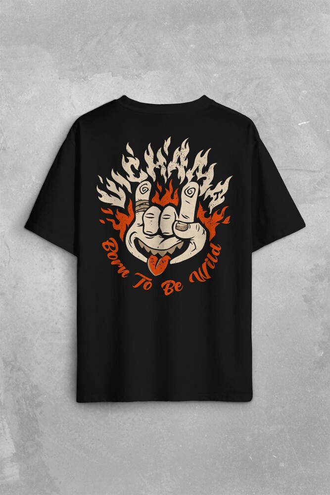 Born To Be Wild Rock And Roll Music Müzik Sırt Ön Baskılı Oversize Tişört Unisex T-Shirt - 1