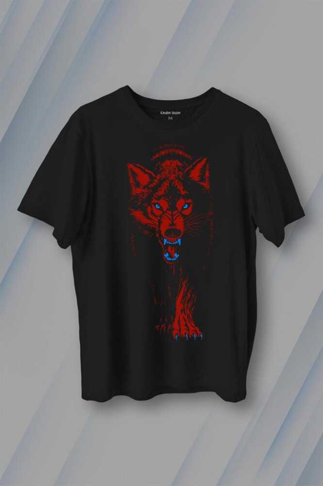 Bozkurt Kurt Kafası Wolf Bordo Mavi Trabzon Baskılı Tişört Unisex T-Shirt - 1