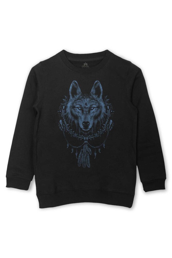 Bozkurt Kurt Kafası Wolf Mavi Baskılı Çocuk Sweatshirt Siyah Sweat - So Cool