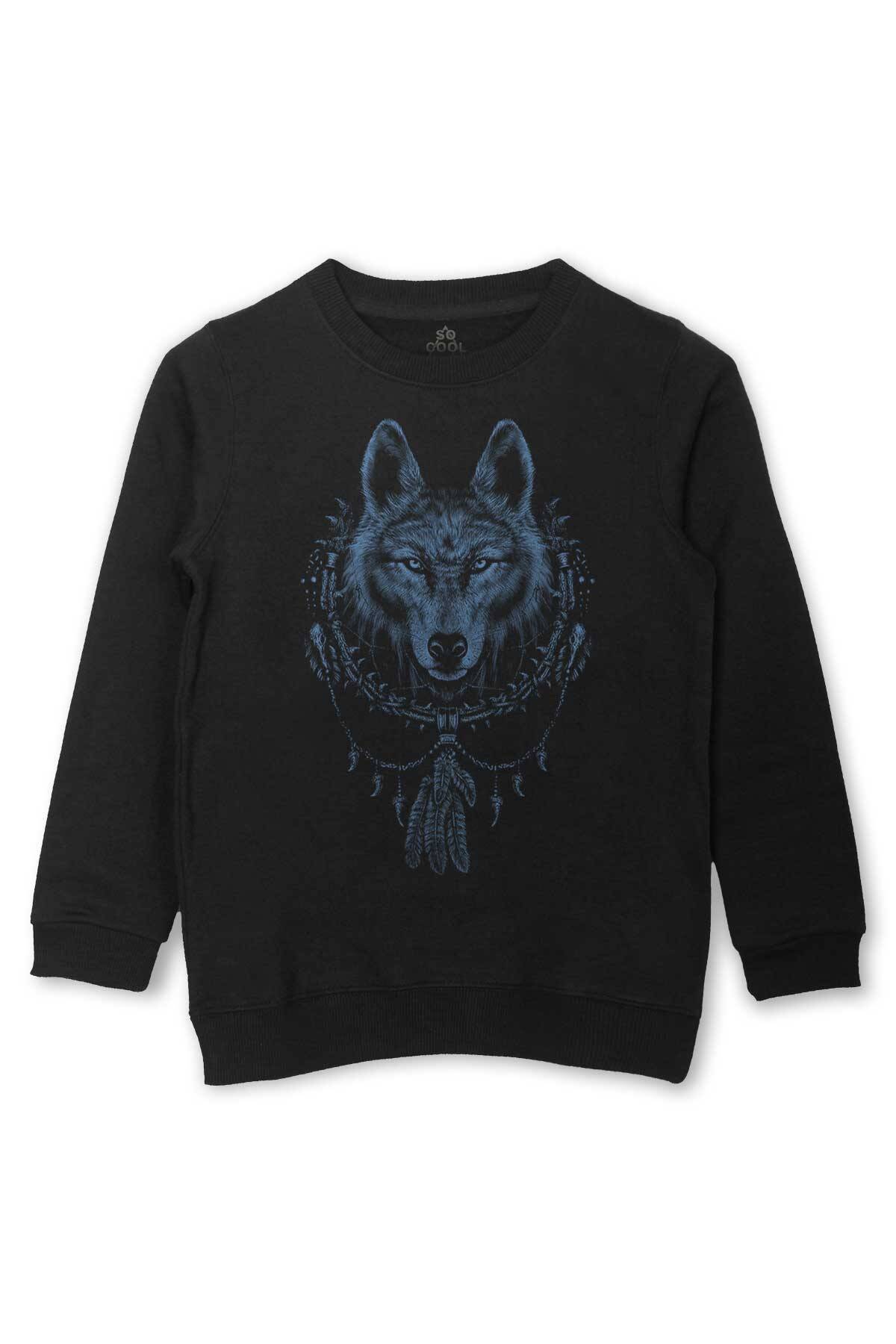 Bozkurt Kurt Kafası Wolf Mavi Baskılı Çocuk Sweatshirt Siyah Sweat - 1