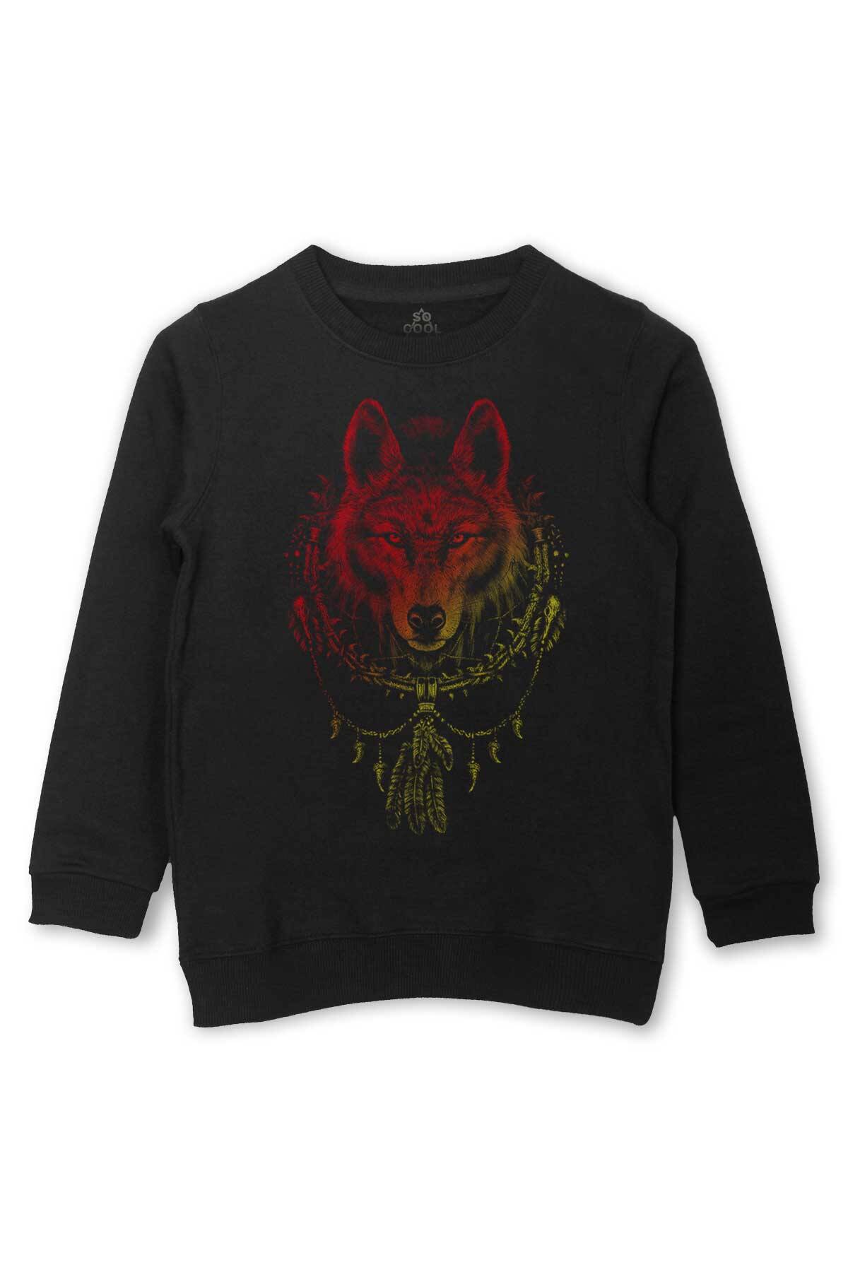 Bozkurt Kurt Kafası Wolf Sarı Kırmızı Baskılı Çocuk Sweatshirt Siyah Sweat - 1