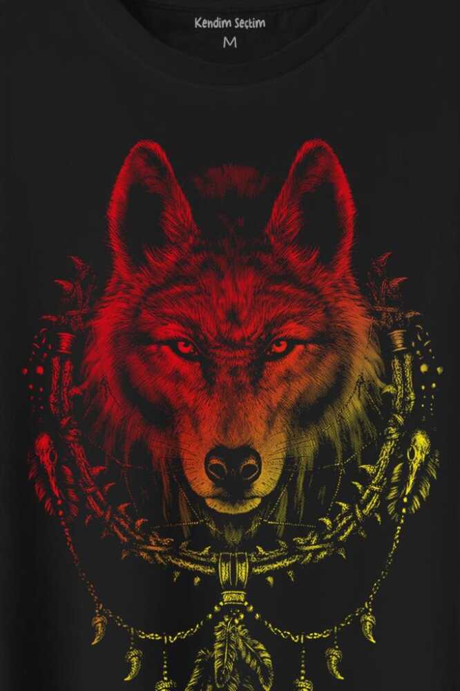 Bozkurt Kurt Kafası Wolf Sarı Kırmızı Baskılı Tişört Unisex T-Shirt - 2